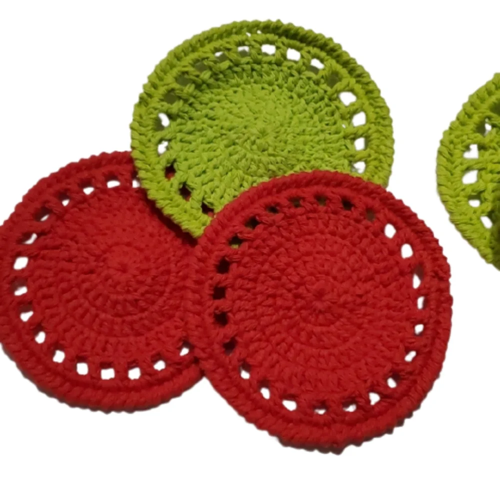Ecofriendly Cotton Round Coaster Set of 4-Handmade Crocheted- Red and Lime Green
